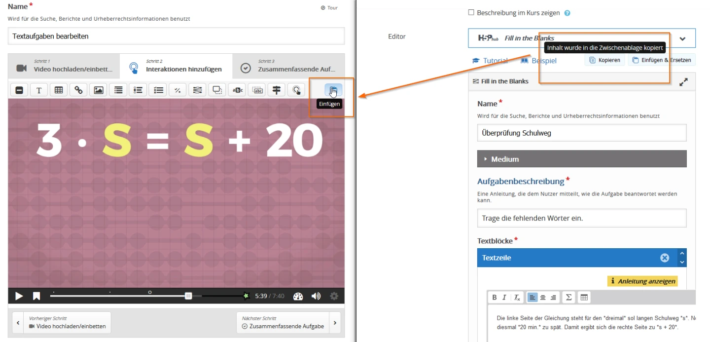 Screenshots zum Kopieren und Einfügen einer bestehenden H5P-Aktivität (rechts) als Interaktion in eine "Interactive Video"-Aktivität (links)
